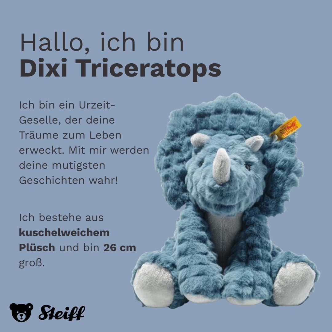 Steiff Soft Cuddly Friends Dixi Triceratops Petrol 28 cm, Dinosaurier Kuscheltier aus kuschelweichem