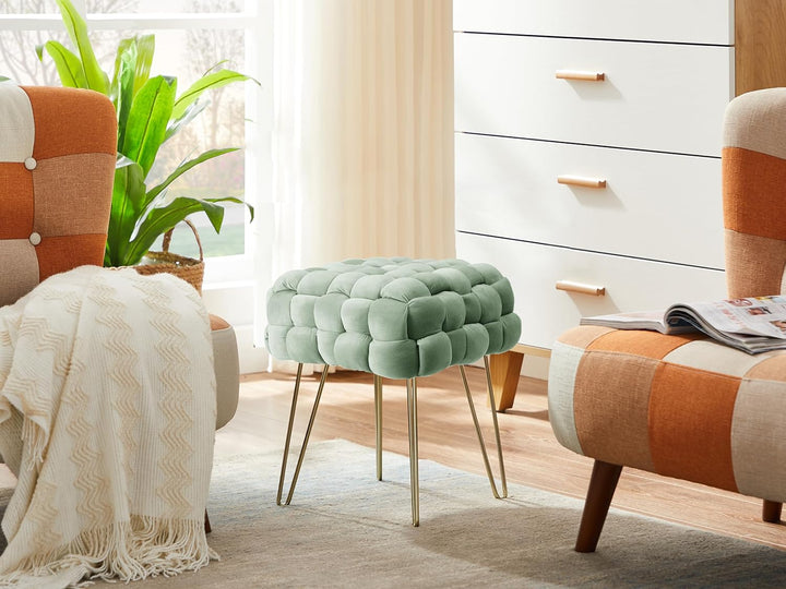 Zedelmaier Moderner Velvet Kosmetik Hocker, Quadratisch Ottoman-Fusshockermit goldfarbenen Metallbei