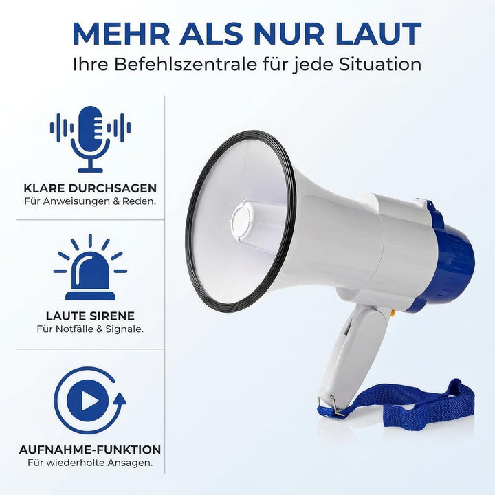 Megaphon - Maximale Reichweite: 1500 m - max. Lautstärke-Regler: 120 dB - Abnehmbares Mikrofon - Ein