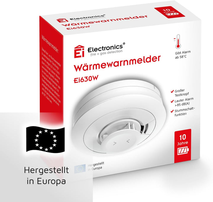 Ei Electronics Ei630W Hitzewarnmelder, Wärmewarnmelder mit Temperatursensor (58 °C) für Küche und Ba