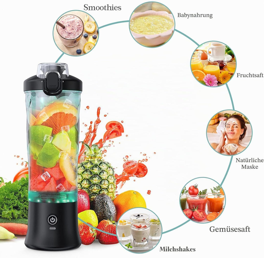 Tragbarer Mixer 600ml Smoothie Maker to Go, Tragbarer Entsafter mit 6 Klinge und USB Wiederaufladbar