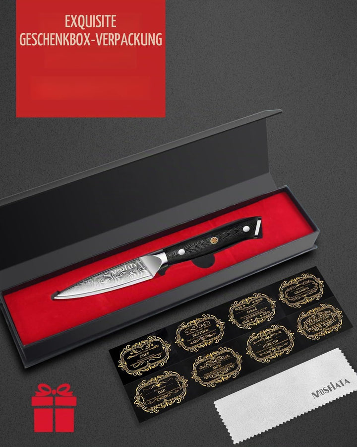 MOSFiATA 3,5 Zoll Damast Schälmesser Obstmesser Scharf Gemüsemesser, VG10 Damaszener Stahl, Geschenk