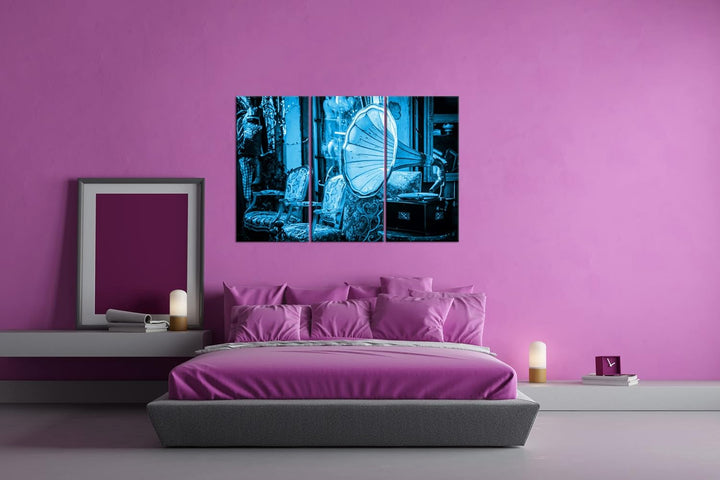 Plattenspieler Effekt: Zeichnung Format: 3-teilig 120x80 als Leinwandbild, Motiv fertig gerahmt auf