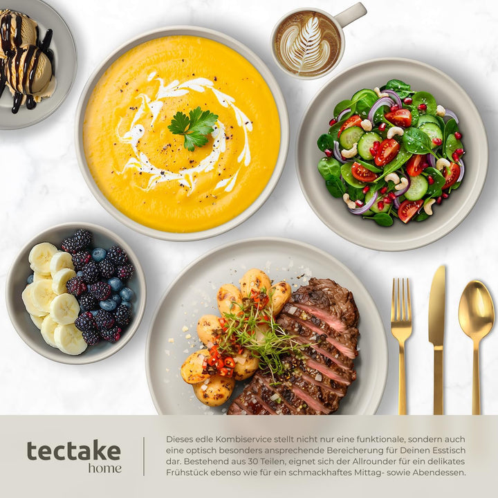 tectake® Küchenstarterset 6 Personen, Steingut Geschirr Set, Teller, 4 Töpfe 2 Pfannen rostfreies Al