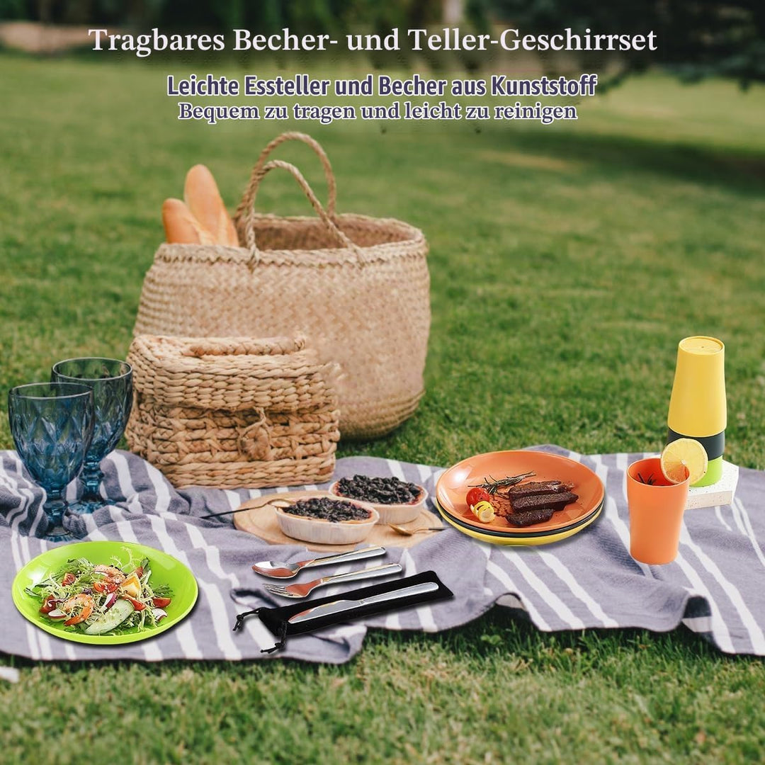 Evanda Camping Besteck Set 20 teilig, wiederverwendbarer Leichter Becher, Teller und Edelstahlbestec