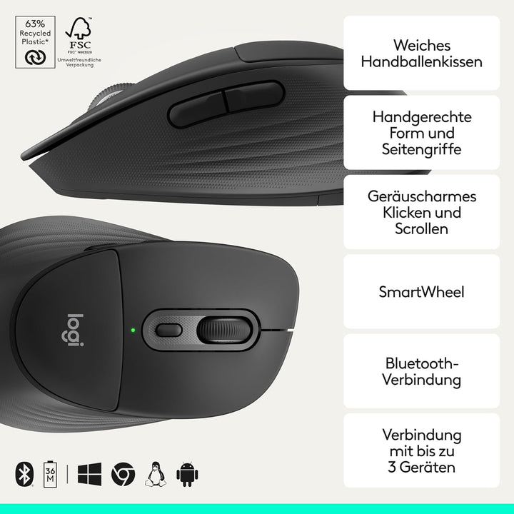 Logitech Signature Comfort Plus M850 L kabellose Maus, Bluetooth-Maus mit Handballenkissen, geräusch
