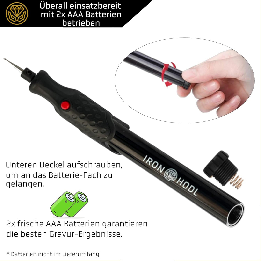 IRON HODL - Gravierstift mit Diamantspitze für Metall, Keramik, Glas gravieren - 2X AAA Batteriebetr