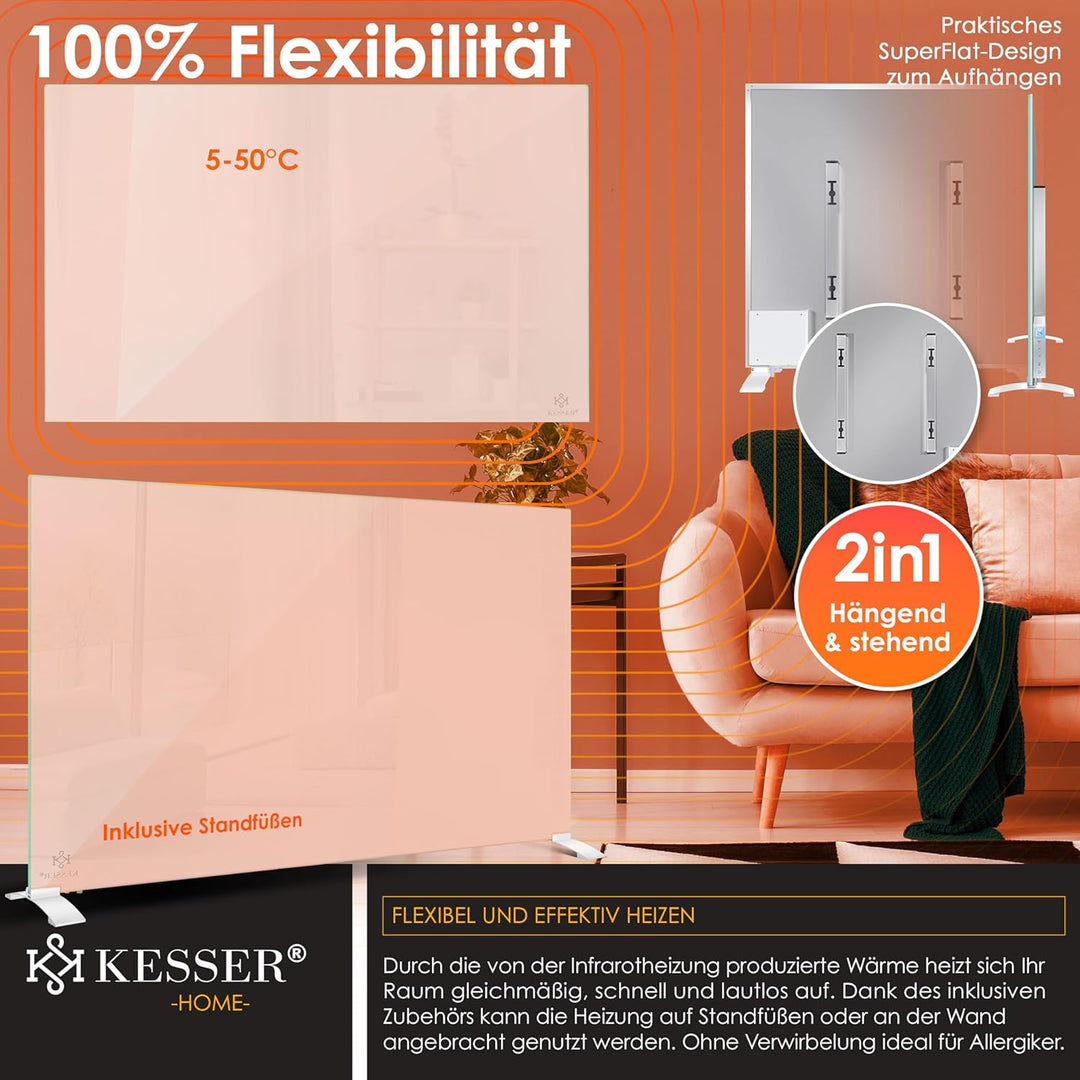 KESSER® Infrarotheizung 500W Glaskonvektor Glasheizung Energiesparend 2in1 Standgerät & Wandmontage