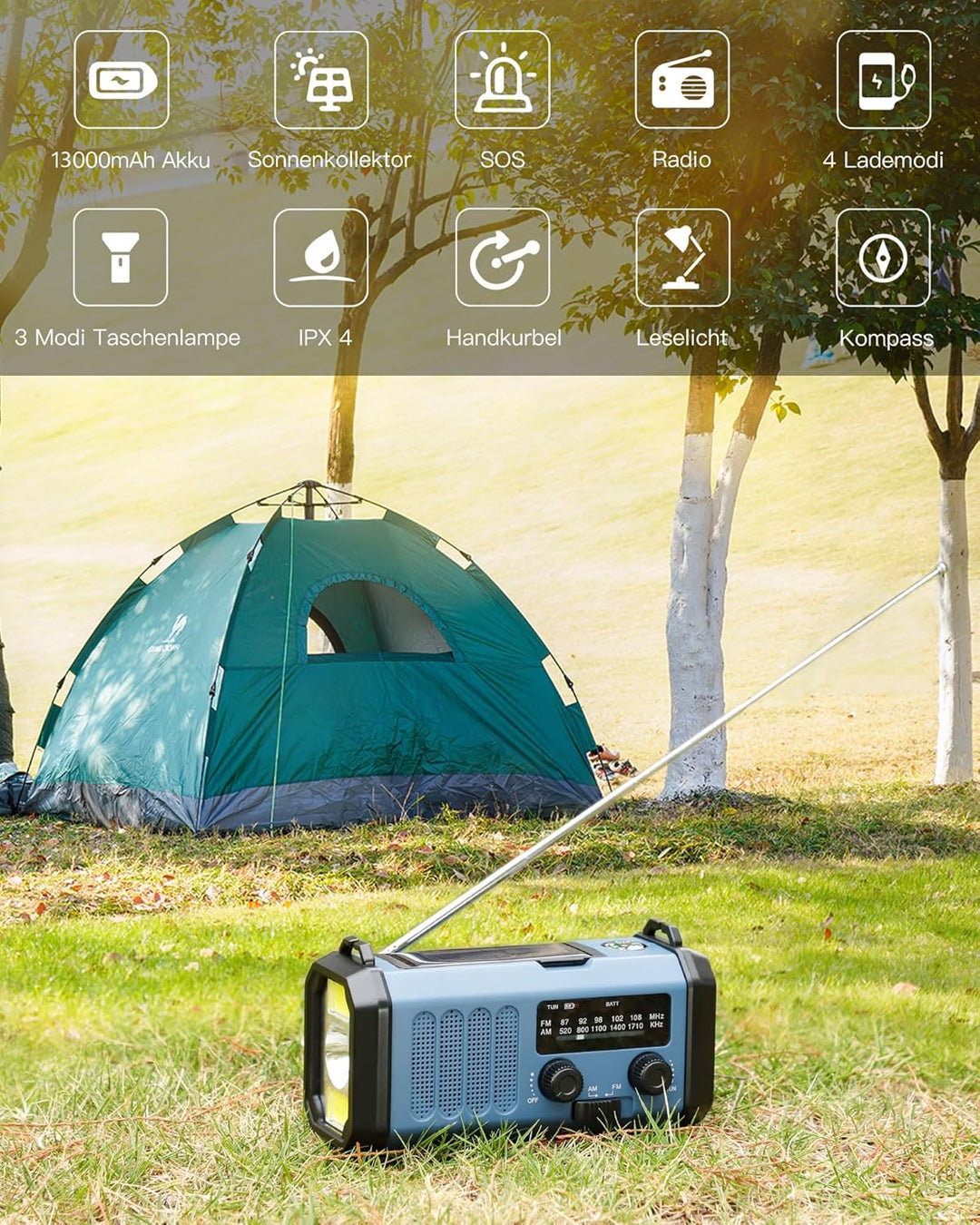 10000mAh Tragbare Solar Kurbelradio, Dynamo Weltempfänger Notradio mit AM FM Radio, Aufladbar Powerb