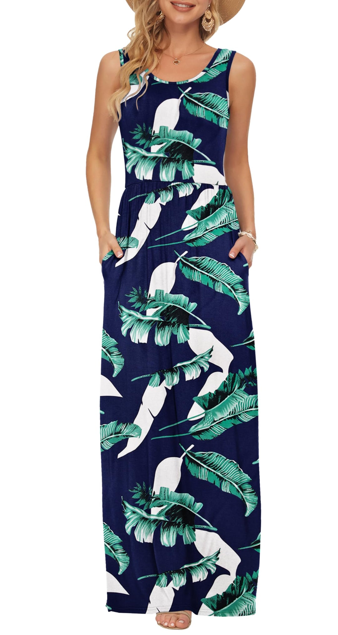 AUSELILY Damen Sommer Ärmelloses Lockeres Maxikleid Lässiges Langes Kleid mit Taschen Blau Drucken X
