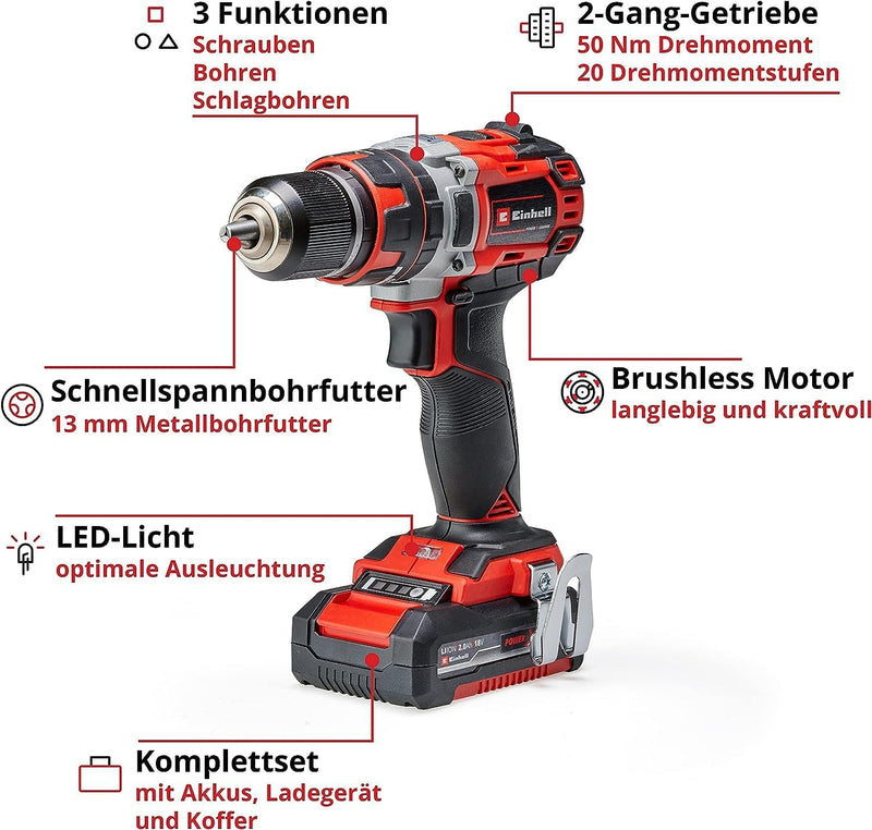 Einhell 4513940 Akku-Schlagbohrschrauber TE-CD 18/50 Li-i BL PowerX-Change(Li-Ion,18V,50Nm,10mminBet