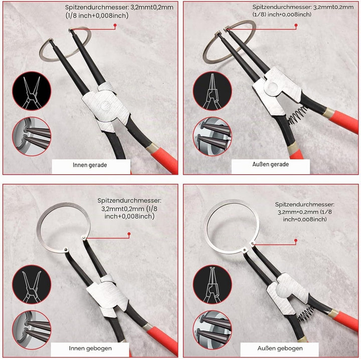 Sprengringzange, 33 cm, robuste Innen-Sicherungsringzange, gerade Backenspitze, Durchmesser 0,2 cm,