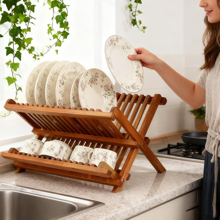 Utoplike Collapsible Teak Geschirrständer Stand Abtropffläche, 2 Etagen Geschirrständer mit Tassenha