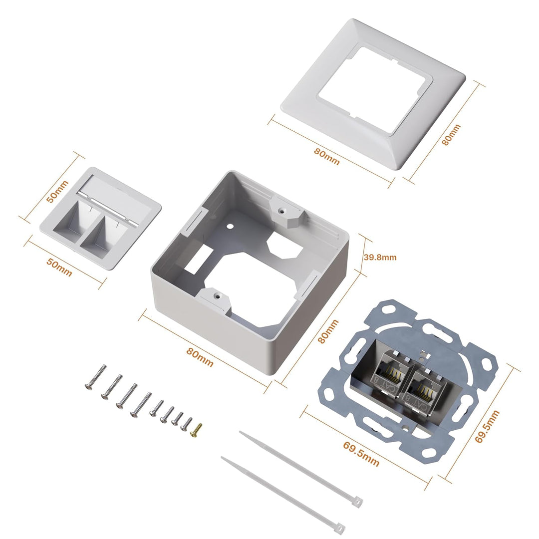 maintec CAT8.1 Universal Netzwerkdose, 40 Gbit/s Ethernet, Aufputz oder Unterputz, 2x RJ45 Keystone