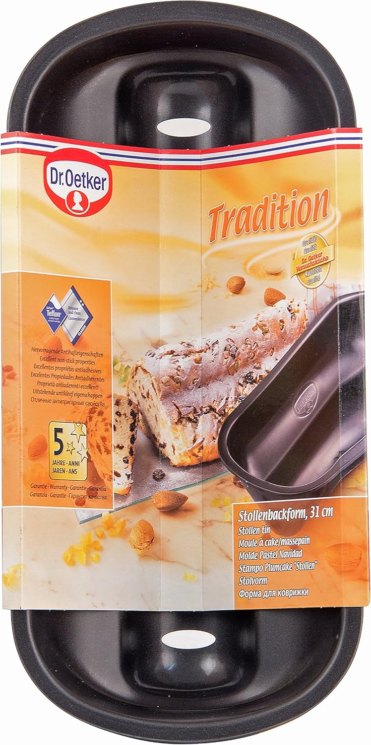 Dr. Oetker Back-Set Christstollen, Stollenform mit Antihaftbeschichtung, Mehl- und Puderzuckersieb a