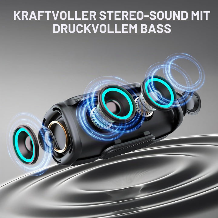Tragbarer Bluetooth Lautsprecher mit Griff, 66MM Sprecherdurchmesser, BT5.3/24W/IP-X6 Wasserdicht Dr