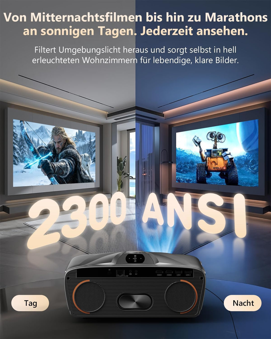 4K Beamer UHD 2300 ANSI Tageslicht Projektor Indoor Heimkino HDR10 WiFi6 Bluetooth NFC Smart Android