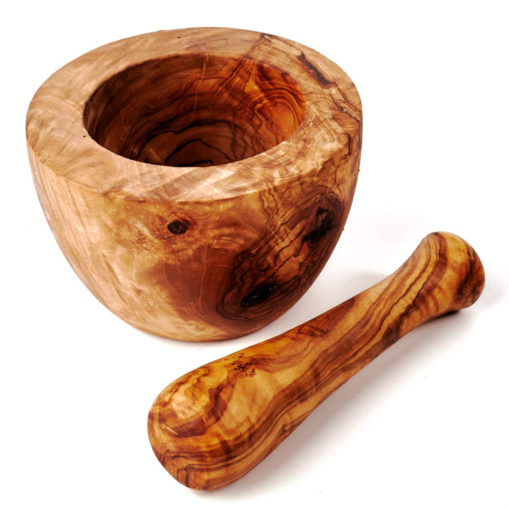 DAS OLIVENHOLZBRETT® Olivenholz Mörser und Stössel glatt/Olivenholzmörser SET/robuster Holzmörser/Ge