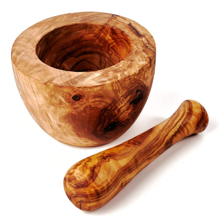 DAS OLIVENHOLZBRETT® Olivenholz Mörser und Stössel glatt/Olivenholzmörser SET/robuster Holzmörser/Ge