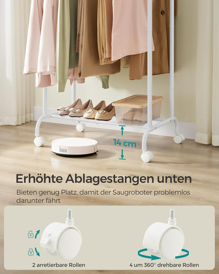 SONGMICS Kleiderständer auf Rollen, doppelte Stangen, ausziehbare Kleiderstangen, Garderobenständer