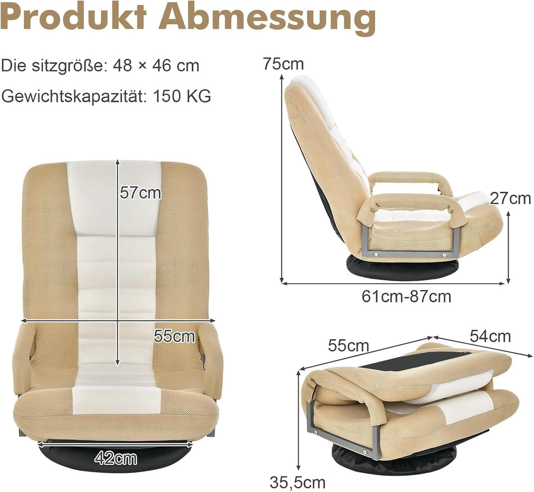 RELAX4LIFE Bodenstuhl Klappbar, Bodensessel mit 7-Fach Verstellbarer Rückenlehne &amp; 360° drehbarem So