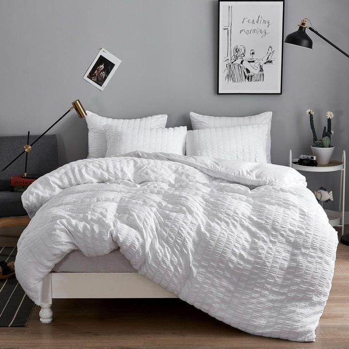Freyamy Seersucker Bettwäsche 220x240cm 3teilig Weiss Geprägt Streifen Strukturiert Bettwaren-Sets U