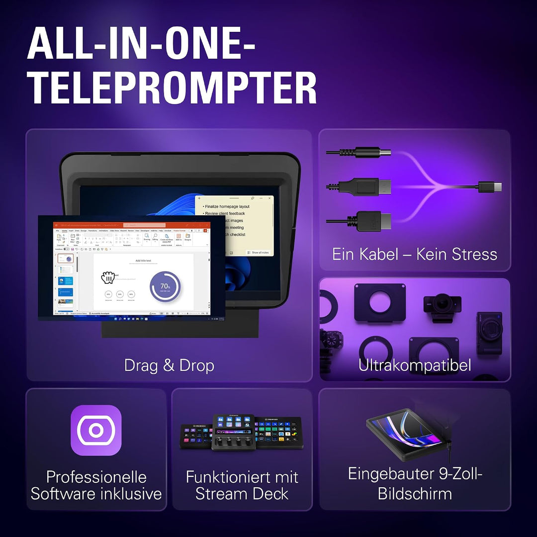 Elgato Prompter – Teleprompter mit integriertem Bildschirm für YouTube, Twitch, Zoom, Teams und mehr
