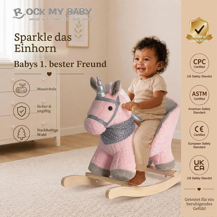 Plüsch Rocking Horse - weicher gefüllter Körper, Sicherheitssitz Stuhl, Holz Rockers, Musikknopf - K