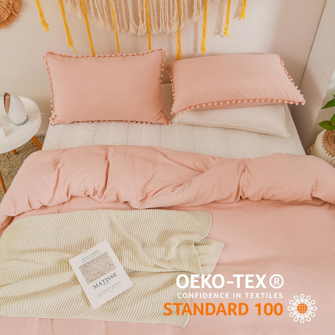 Freyamy Böhmen Bettwäsche 200x200cm 3teilig Hellrosa Rosa Pom Pom Boho Chic Bettwäsche Gewaschene Mi