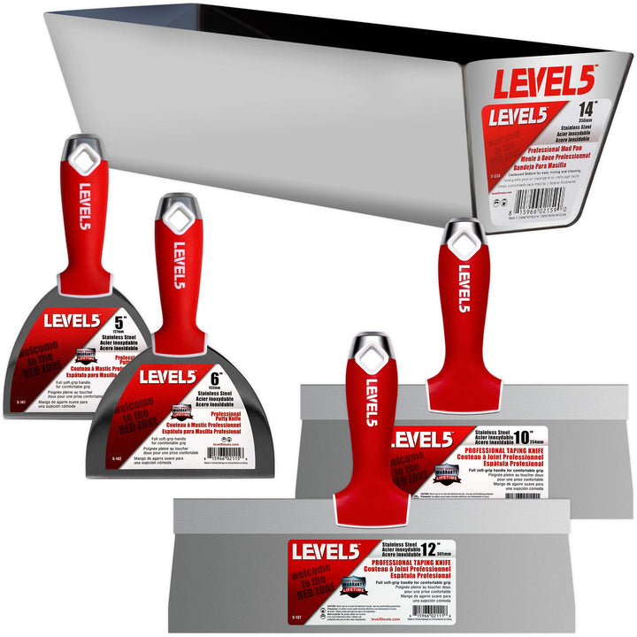 Trockenbau-Handwerkzeug-Set, Edelstahl - LEVEL5 | Fugen-/Tapiermesser + 35,6 cm Schlammpfanne | Soft