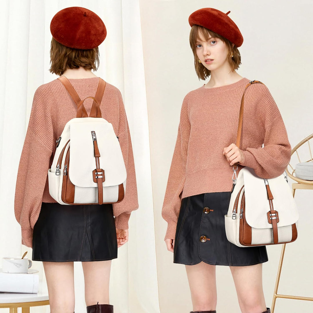 ALTOSY Weiches Echtes Leder Rucksack Tasche Damen Convertible Rucksäcke Umhängetasche (S85 Beige/Bra