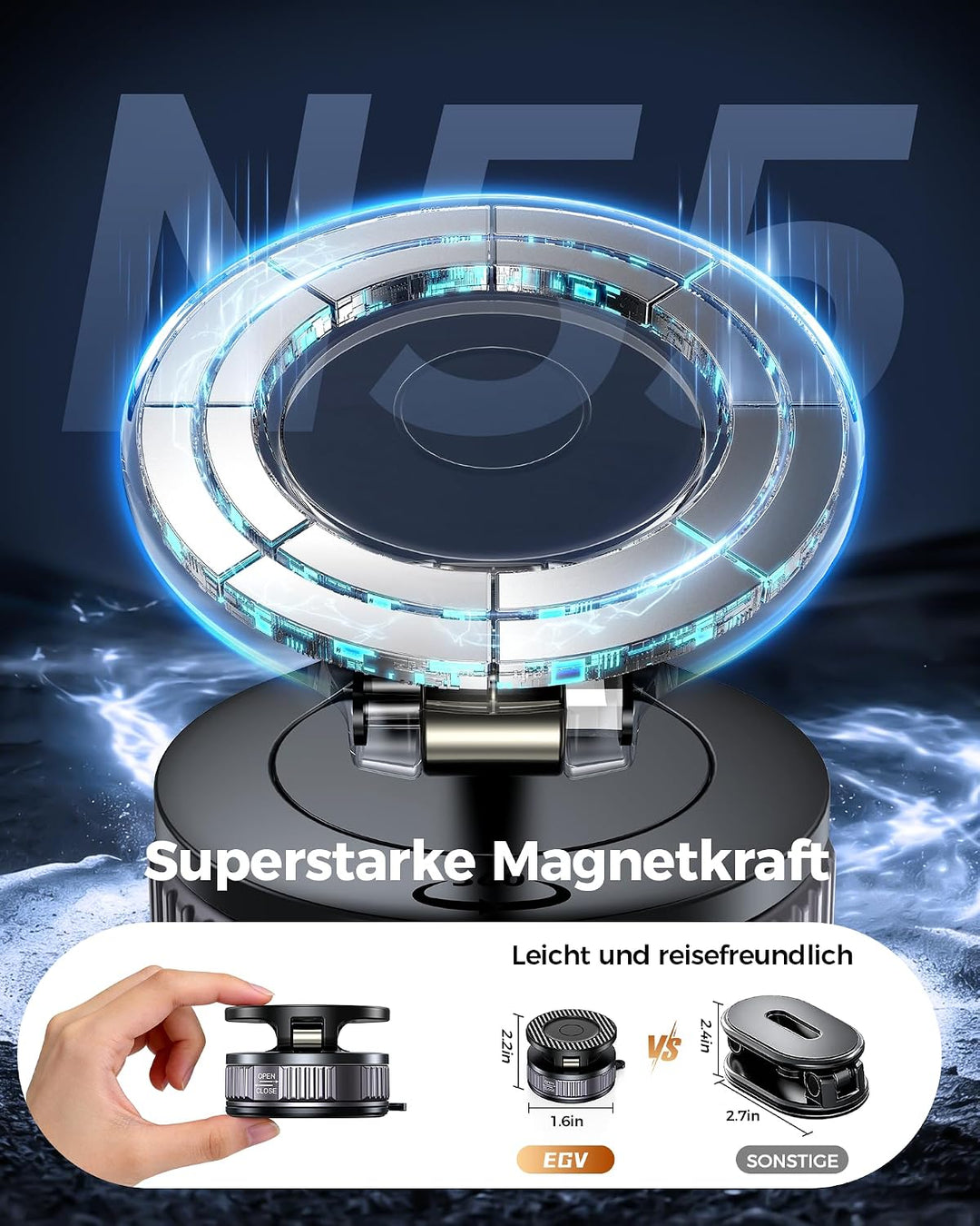 EGV Handyhalterung Auto Magnet – Upgraded Vakuum Saugnapf KFZ Magnethalterung, 360°Drehbar, Kompatib