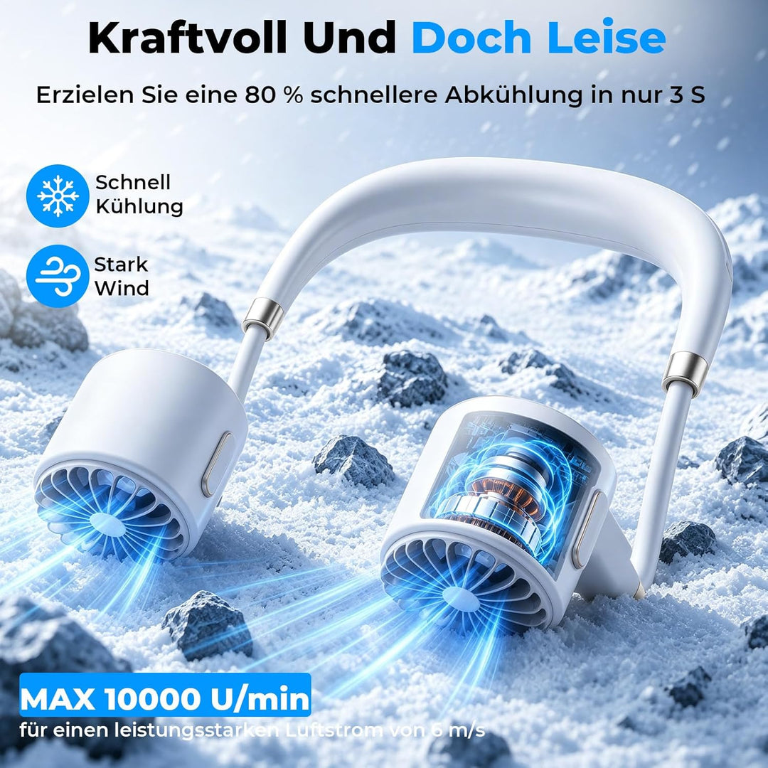 Nackenventilator, Tragbarer Halsventilator mit 4000 mAh Akku, 6 Stufen & 360° Luftstrom, Extrem Leis