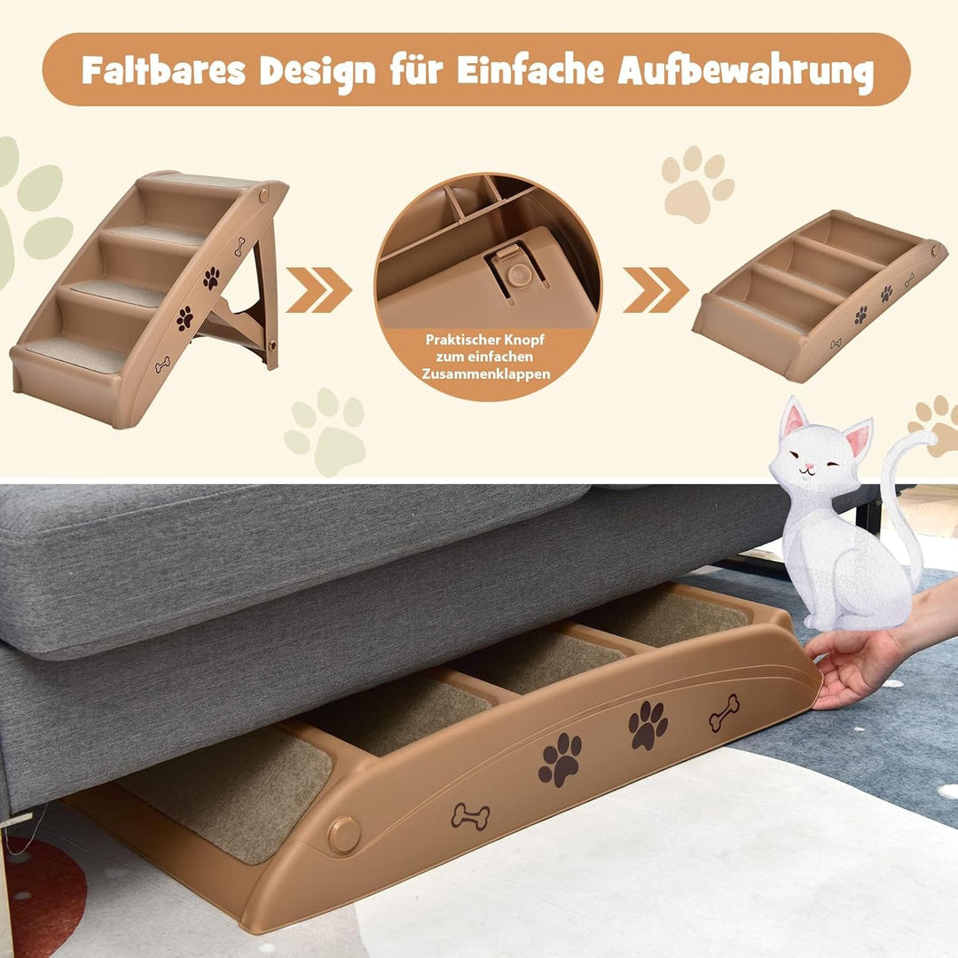 COSTWAY 4-stufige Haustiertreppe mit Teppichboden, Hundetreppe Kunststoff Katzentreppe faltbar, Hund