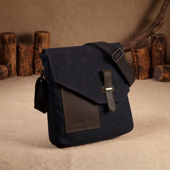 VASCHY Klein Umhängetasche Herren, Vintage Leinwand Herrentasche Echtes Leder Schultertasche Klassis