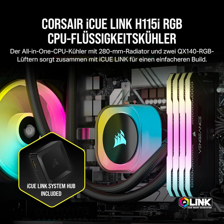 CORSAIR iCUE LINK H115i RGB Flüssig-CPU-Kühler - 280mm AIO - QX140 RGB-Lüfter - Passend Für Intel® L