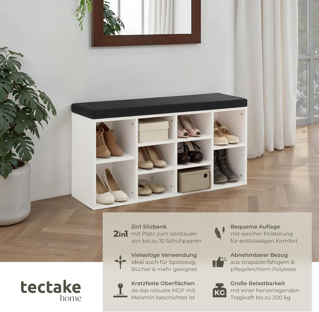 tectake® Schuhschrank mit Sitzbank, Schuhregal, Sitzbank mit Stauraum für 10 Paar Schuhe, Garderobe,