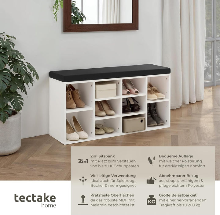 tectake® Schuhschrank mit Sitzbank, Schuhregal, Sitzbank mit Stauraum für 10 Paar Schuhe, Garderobe,