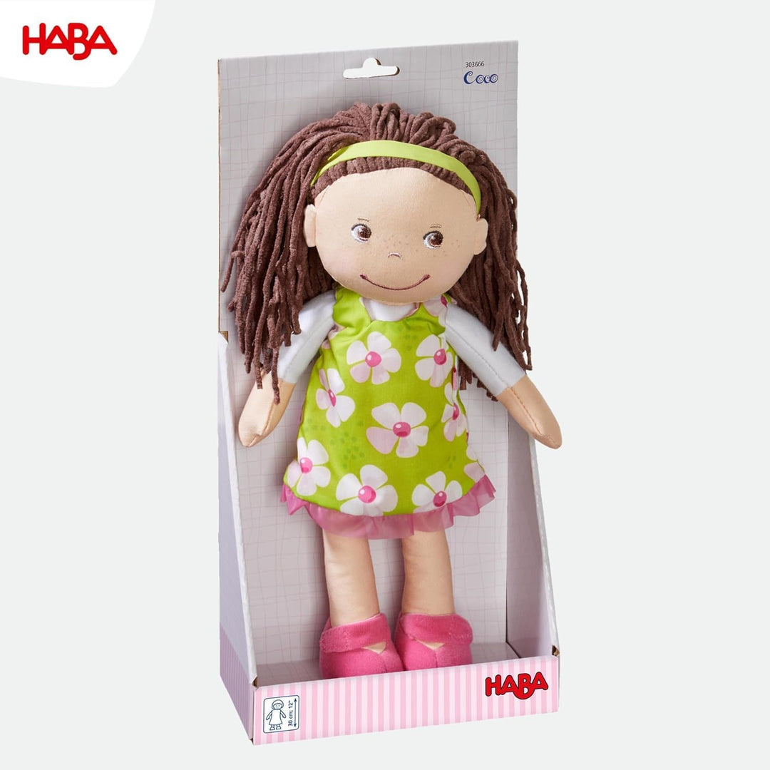 HABA 303666 - Puppe Coco , Stoffpuppe zum Spielen und Kuscheln , Puppe aus weichen, waschbaren Mater