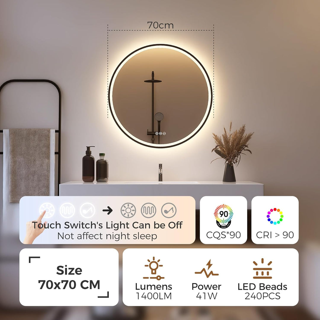 STARLEAD Badspiegel-Rund-mit-Beleuchtung 70cm Diameter, LED-Spiegel-Rund mit Bluetooth, Dimmbar, 3 L