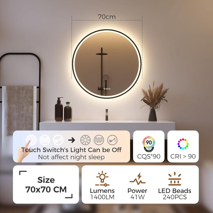 STARLEAD Badspiegel-Rund-mit-Beleuchtung 70cm Diameter, LED-Spiegel-Rund mit Bluetooth, Dimmbar, 3 L