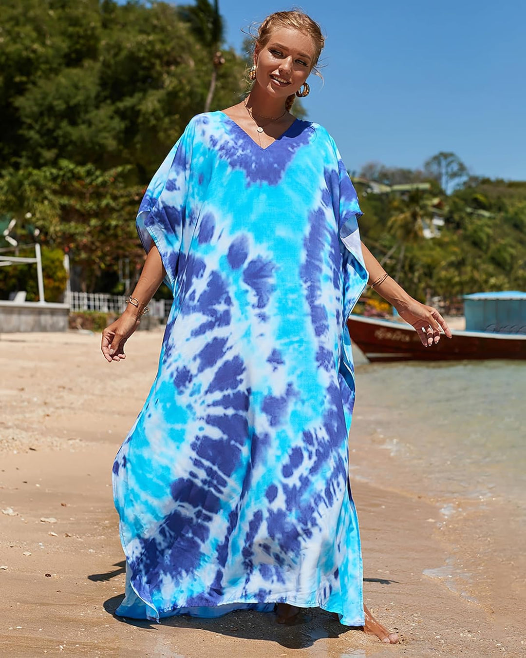 Bsubseach Lose Kaftan Kleider für Frauen Kurzarm Badeanzug Cover Up Casual Urlaub Outfits Blau Tie D