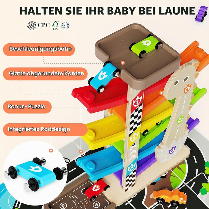 6X Kugelbahn Autorennbahn Holz ab 1+ Jahr Auto Rennbahn mit 6 Fahrzeuge Montessori Spielzeug Kinders