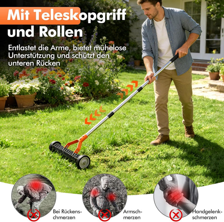 Rasen Rakel,166 cm Handvertikutierer,Gartenrechen Verstellbar,Rasenlüfter mit Rädern,zum Entfernen v
