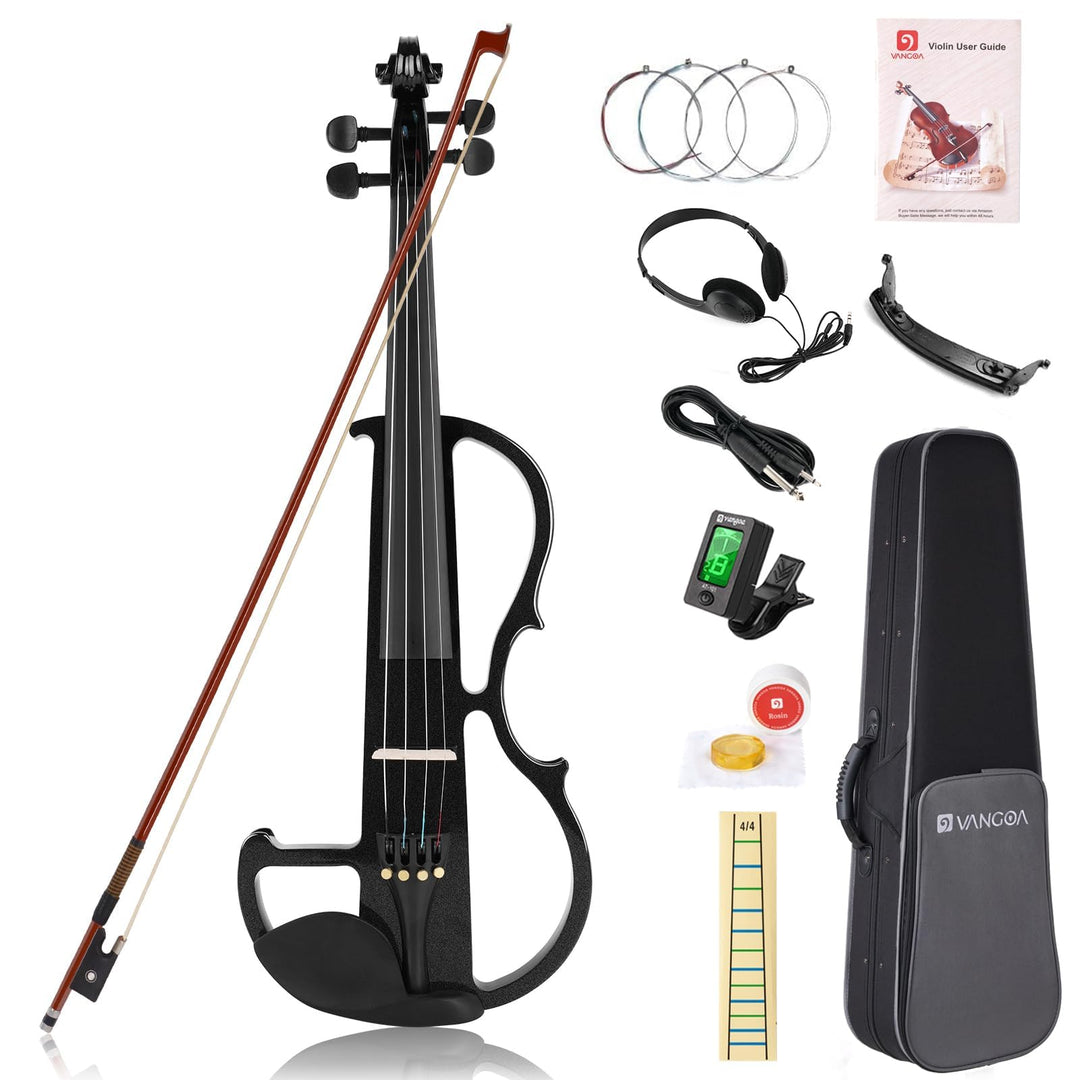 Vangoa Elektrische Violine Geige aus massivem Holz, 4/4, mit Ebenholzbeschlägen, Tragetasche, Audiok