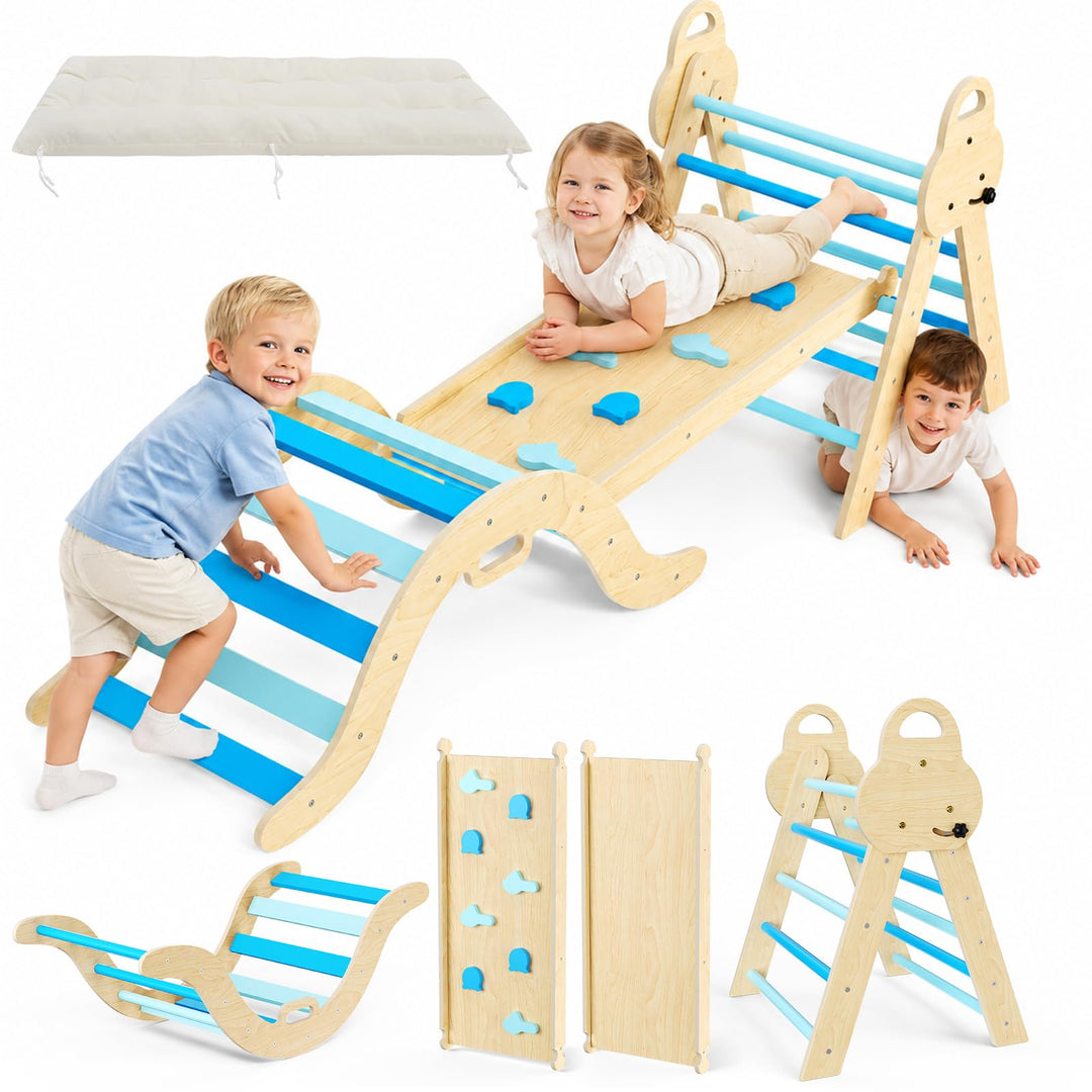 7-in-1 Montessori Klettergerüst Indoor, Kletterdreieck mit Rutsche & Kletterbogen, stabiles Holzklet