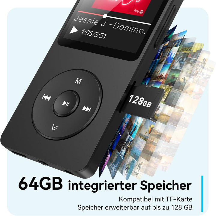 AGPTEK 64GB MP3 Player Bluetooth 5.3, Tragbarer Player mit Lautsprecher, 40 Stunden Akkulaufzeit Mus