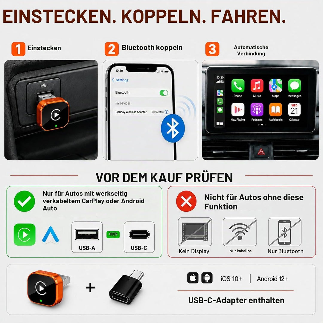 2-in-1 Wireless CarPlay &amp; Android Auto Adapter orange, orange