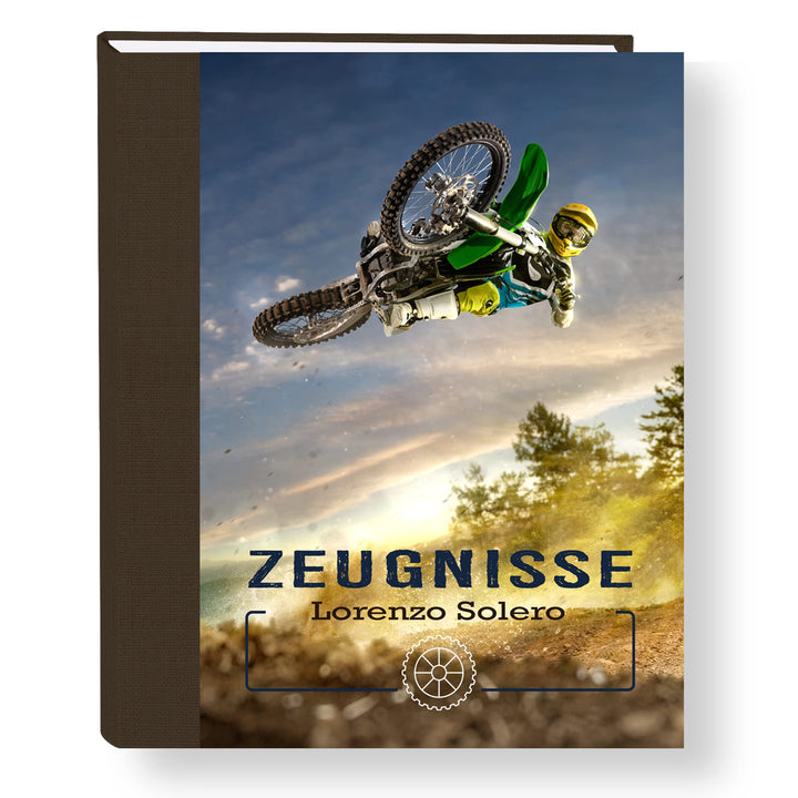 Zeugnismappe personalisiert Motorcross A4 ca. 31x24 cm grün blau Zeugnisbuch Motorrad Urkundenmappe