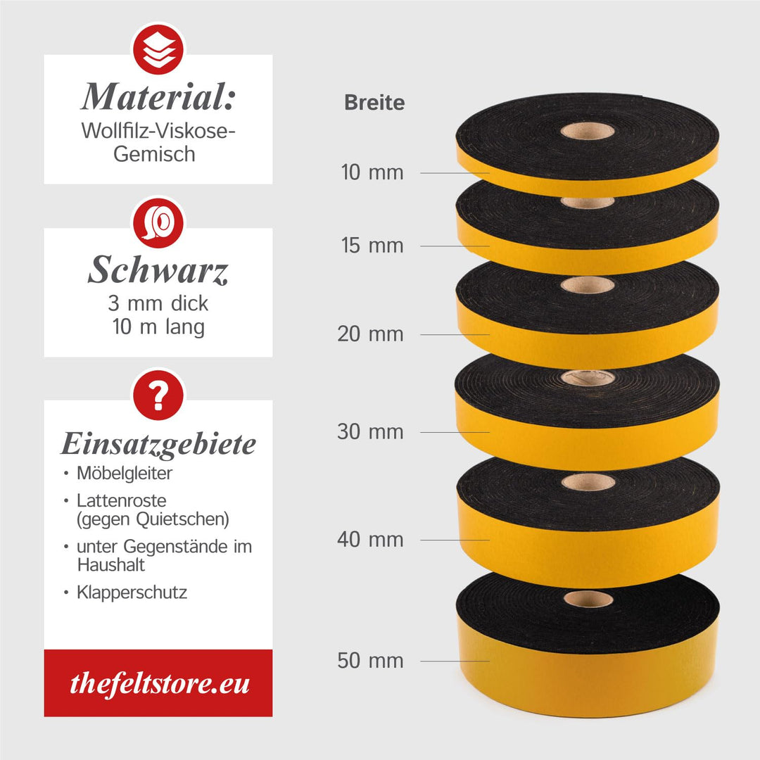 The Felt Store Filzband selbstklebend 40 mm breit, 3 mm dick, 10 m lang, schwarz vielseitiger Filzst
